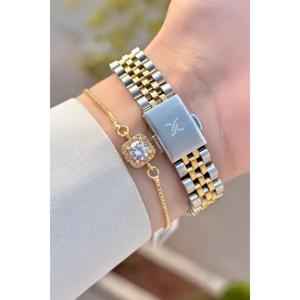 Kadranı Yeşil Kordonu Gold Gümüş Renk 28 Mm Kadın Kol Saati ve Bileklik