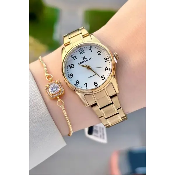 Gold Renk Rakamlı Kadın Kol Saati ve Bileklik