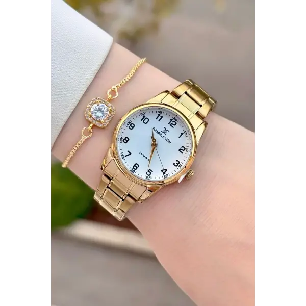 Gold Renk Rakamlı Kadın Kol Saati ve Bileklik
