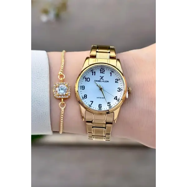 Gold Renk Rakamlı Kadın Kol Saati ve Bileklik