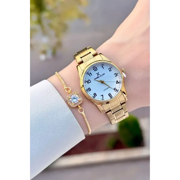 Gold Renk Rakamlı Kadın Kol Saati ve Bileklik