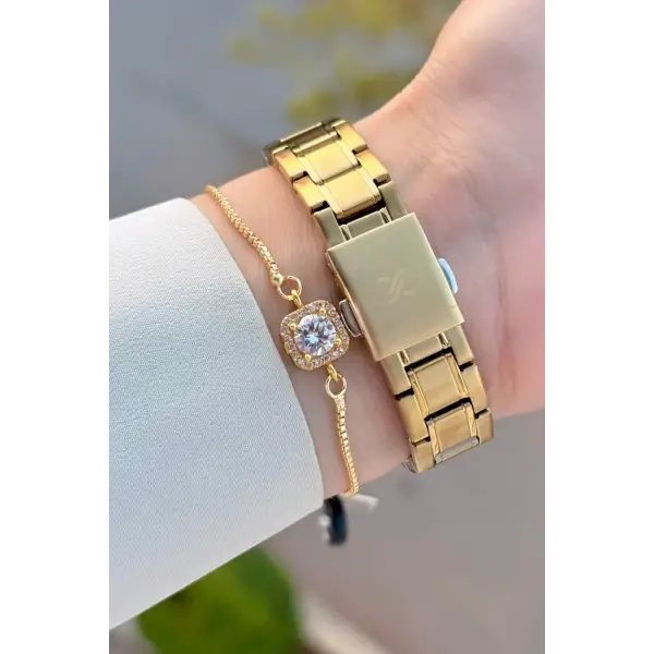 Gold Renk Rakamlı Kadın Kol Saati ve Bileklik