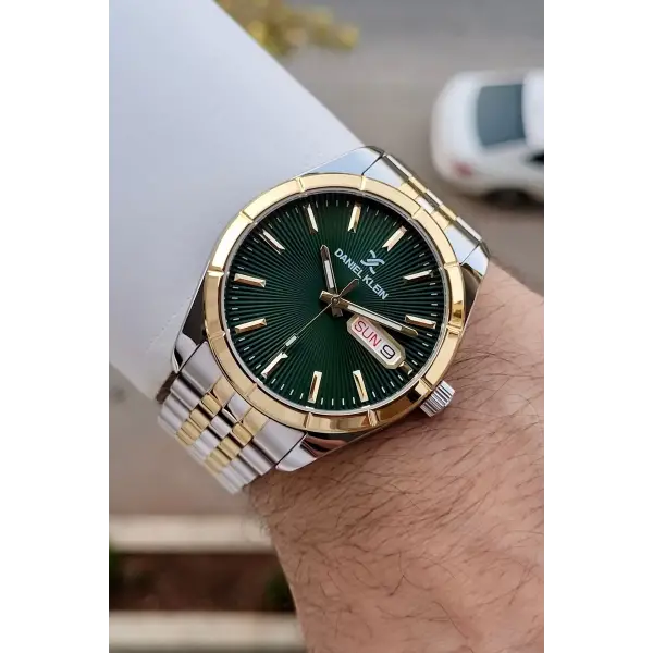 Kadranı Yeşil Kordonu Gold Gümüş Renk Foksiyonlu Erkek Kol Saati