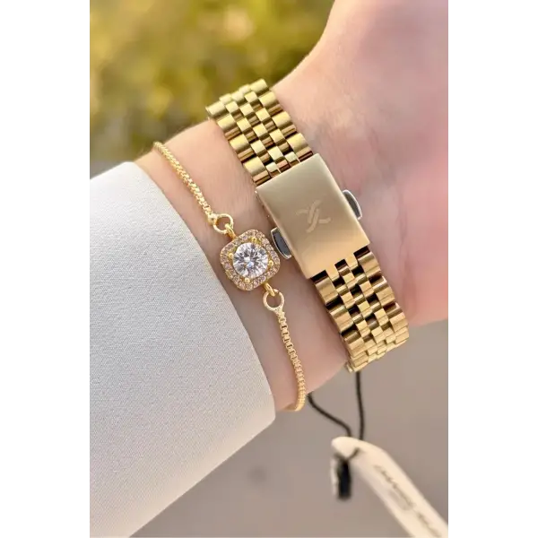 Gold Renk 28 Mm Kadın Kol Saati ve Bileklik