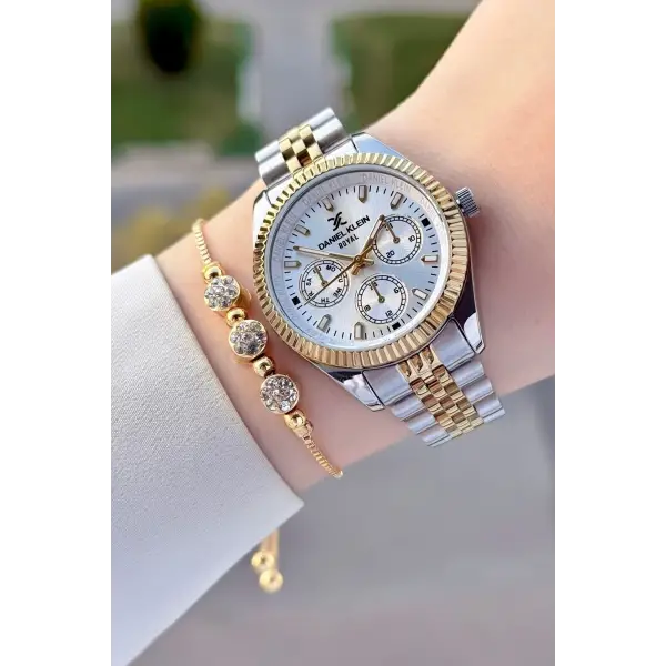 Gold Gümüş Renk Kadın Kol Saati ve Bileklik