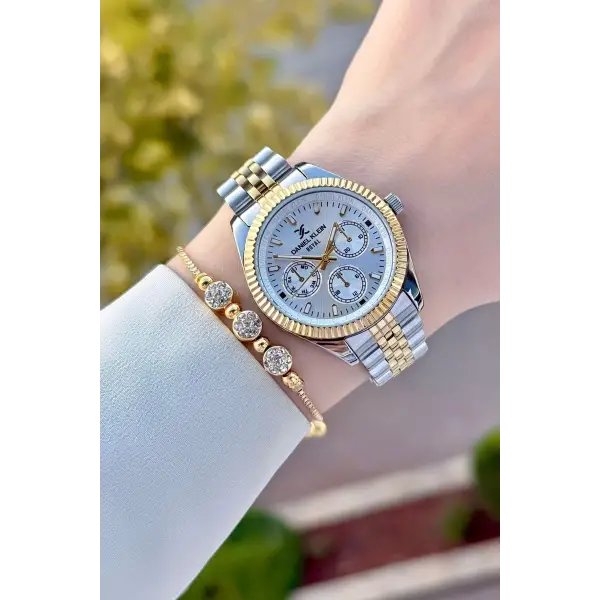 Gold Gümüş Renk Kadın Kol Saati ve Bileklik