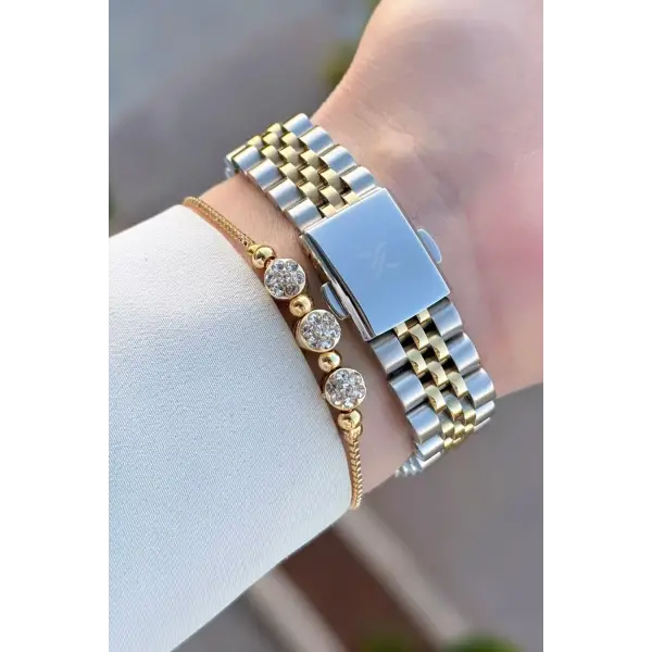 Gold Gümüş Renk Kadın Kol Saati ve Bileklik