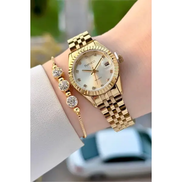 Gold Renk Takvimli 25 Mm Kadın Kol Saati ve Bileklik