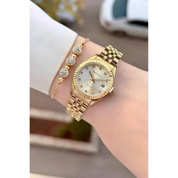 Gold Renk Takvimli 25 Mm Kadın Kol Saati ve Bileklik