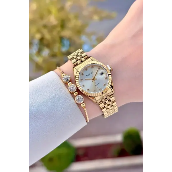 Gold Renk Takvimli 25 Mm Kadın Kol Saati ve Bileklik