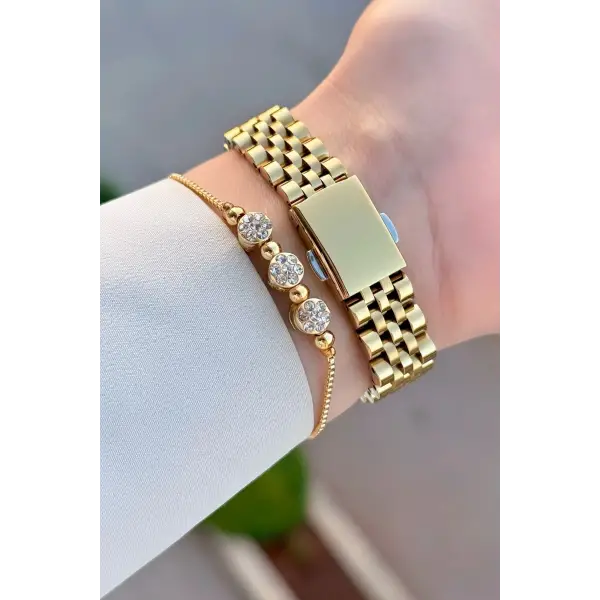 Gold Renk Takvimli 25 Mm Kadın Kol Saati ve Bileklik