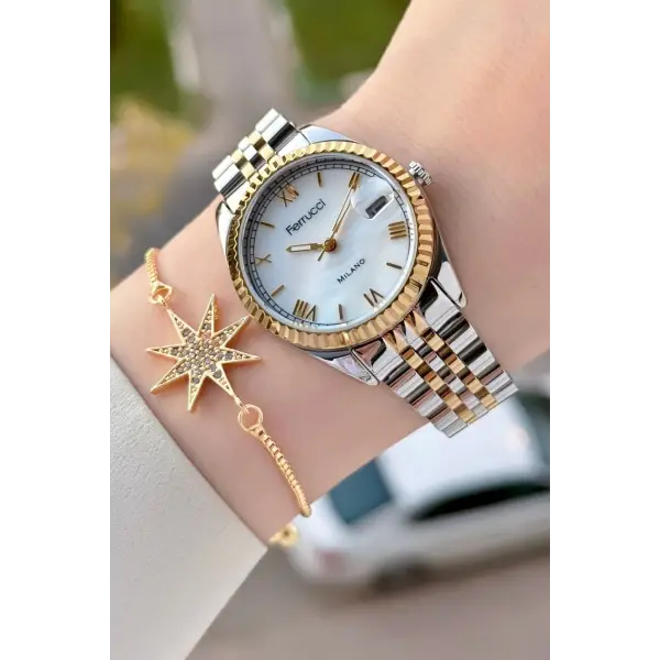 Gold Gümüş Renk Takvimli 35 Mm Kadın Kol Saati ve Bileklik