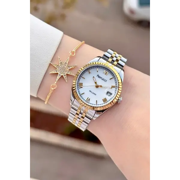 Gold Gümüş Renk Takvimli 35 Mm Kadın Kol Saati ve Bileklik