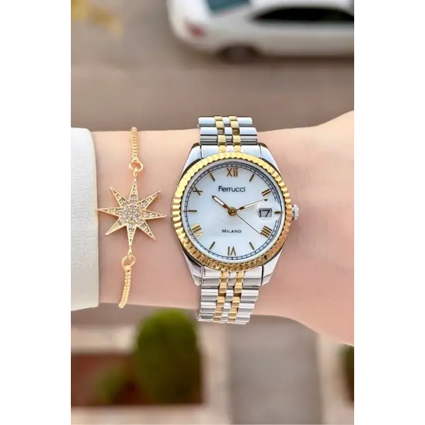 Gold Gümüş Renk Takvimli 35 Mm Kadın Kol Saati ve Bileklik