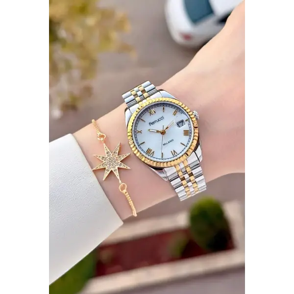 Gold Gümüş Renk Takvimli 35 Mm Kadın Kol Saati ve Bileklik