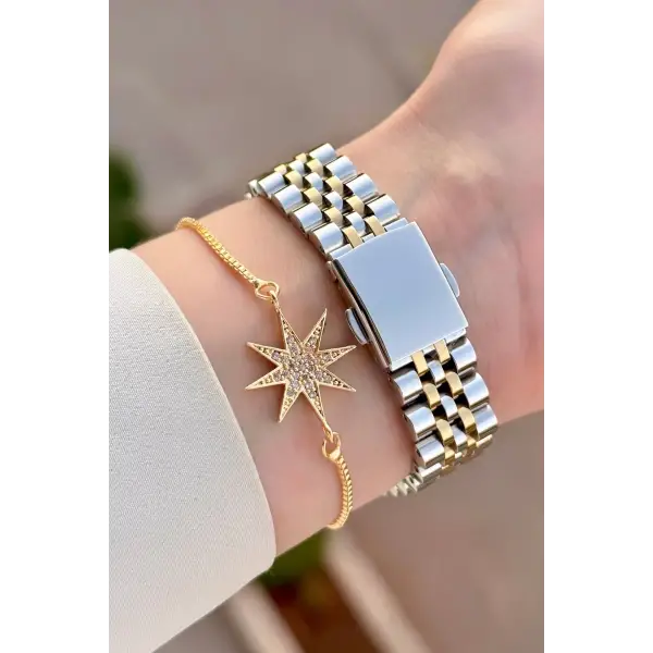 Gold Gümüş Renk Takvimli 35 Mm Kadın Kol Saati ve Bileklik