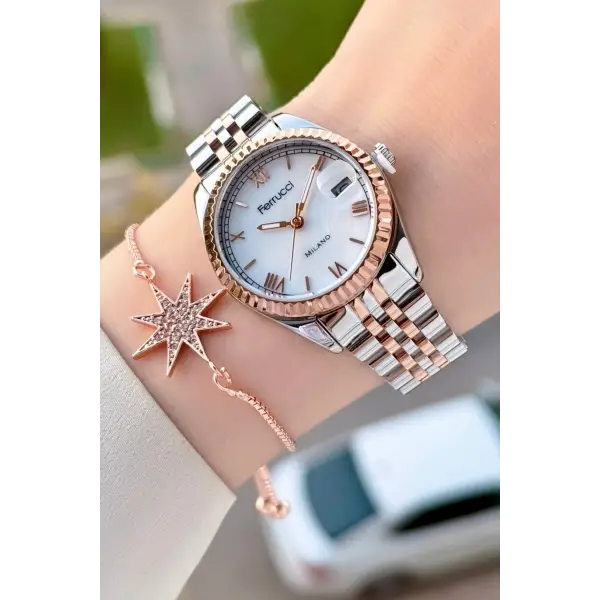 Rose Gümüş Renk Takvimli 35 Mm Kadın Kol Saati Ve Bileklik