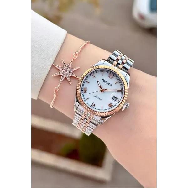 Rose Gümüş Renk Takvimli 35 Mm Kadın Kol Saati Ve Bileklik