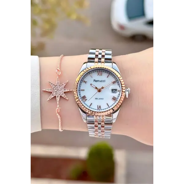 Rose Gümüş Renk Takvimli 35 Mm Kadın Kol Saati Ve Bileklik