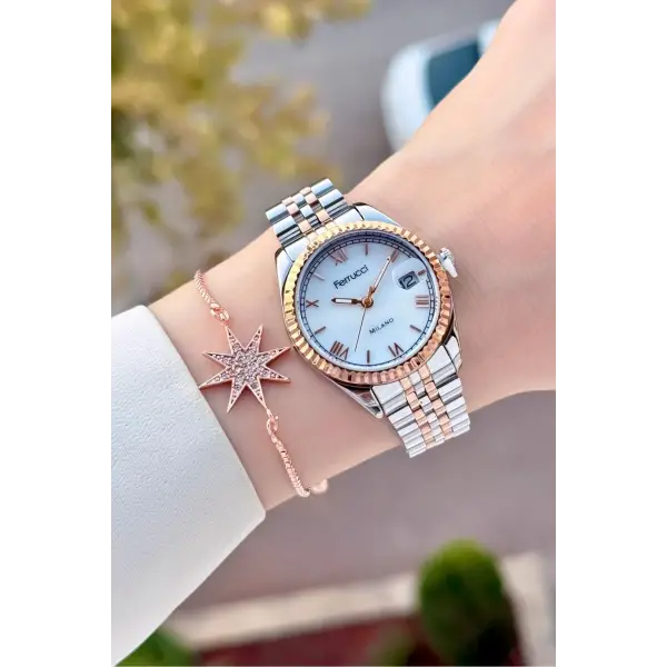 Rose Gümüş Renk Takvimli 35 Mm Kadın Kol Saati Ve Bileklik