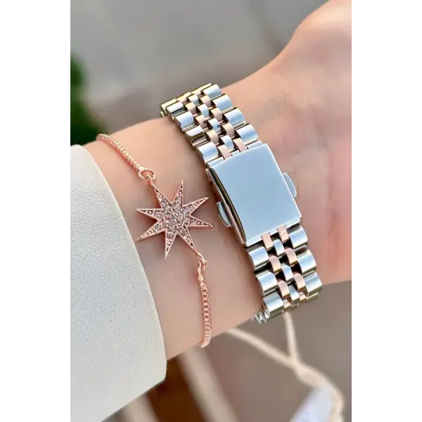 Rose Gümüş Renk Takvimli 35 Mm Kadın Kol Saati Ve Bileklik