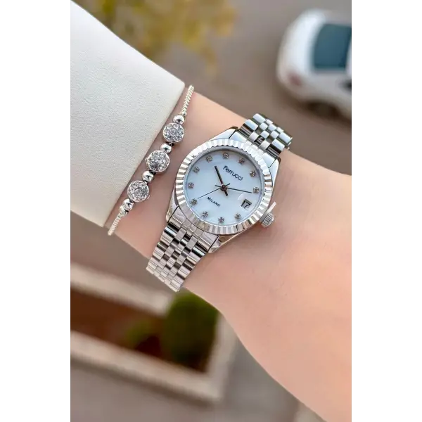 Gümüş Renk Takvimli 25 Mm Kadın Kol Saati ve Bileklik