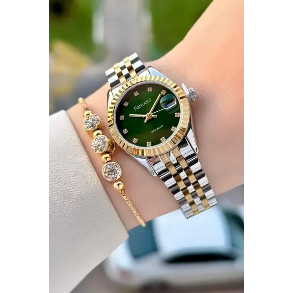 Kadranı Yeşil Kordonu Gold Gümüş Renk Takvimli 25 Mm Kadın Kol Saati ve Bileklik