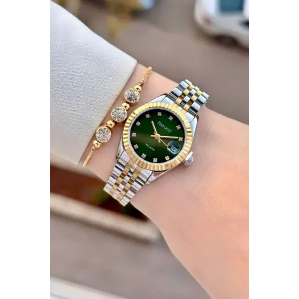 Kadranı Yeşil Kordonu Gold Gümüş Renk Takvimli 25 Mm Kadın Kol Saati ve Bileklik