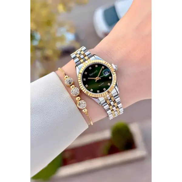 Kadranı Yeşil Kordonu Gold Gümüş Renk Takvimli 25 Mm Kadın Kol Saati ve Bileklik