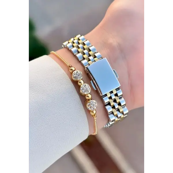 Kadranı Yeşil Kordonu Gold Gümüş Renk Takvimli 25 Mm Kadın Kol Saati ve Bileklik