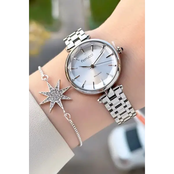 Gümüş Renk 35 Mm Kadın Kol Saati ve Bileklik