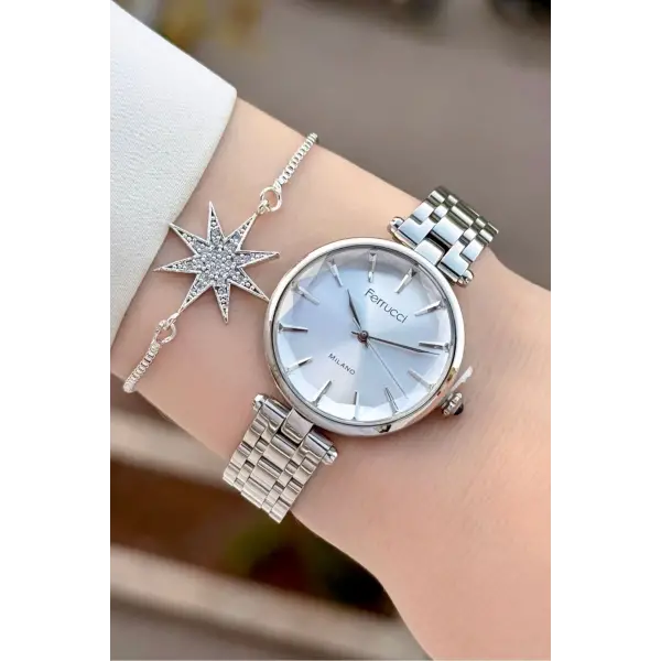 Gümüş Renk 35 Mm Kadın Kol Saati ve Bileklik
