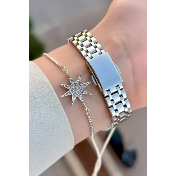 Gümüş Renk 35 Mm Kadın Kol Saati ve Bileklik