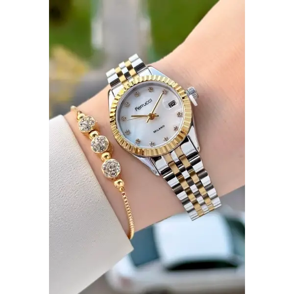 Gold Gümüş Renk Takvimli 25 Mm Kadın Kol Saati ve Bileklik