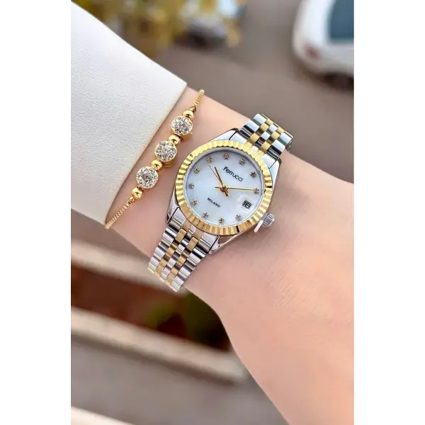 Gold Gümüş Renk Takvimli 25 Mm Kadın Kol Saati ve Bileklik