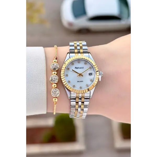 Gold Gümüş Renk Takvimli 25 Mm Kadın Kol Saati ve Bileklik