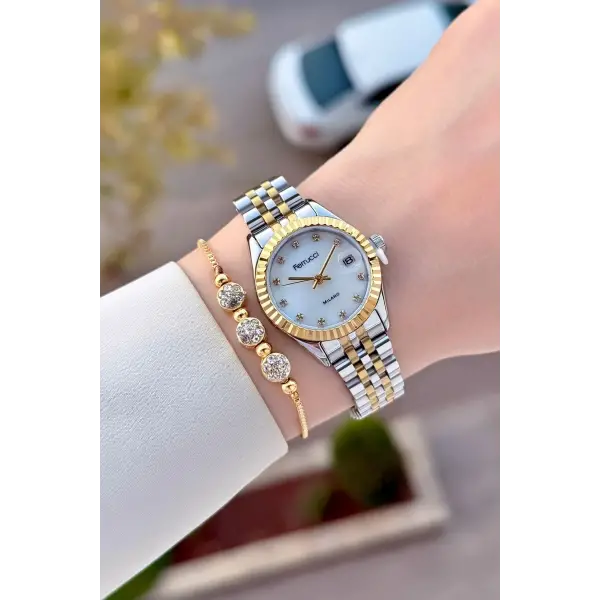 Gold Gümüş Renk Takvimli 25 Mm Kadın Kol Saati ve Bileklik