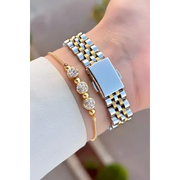 Gold Gümüş Renk Takvimli 25 Mm Kadın Kol Saati ve Bileklik