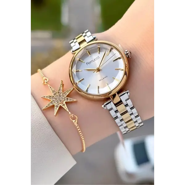 Gold Gümüş Renk 35 Mm Kadın Kol Saati ve Bileklik