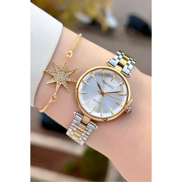 Gold Gümüş Renk 35 Mm Kadın Kol Saati ve Bileklik