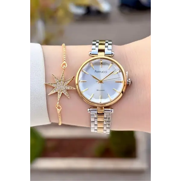 Gold Gümüş Renk 35 Mm Kadın Kol Saati ve Bileklik