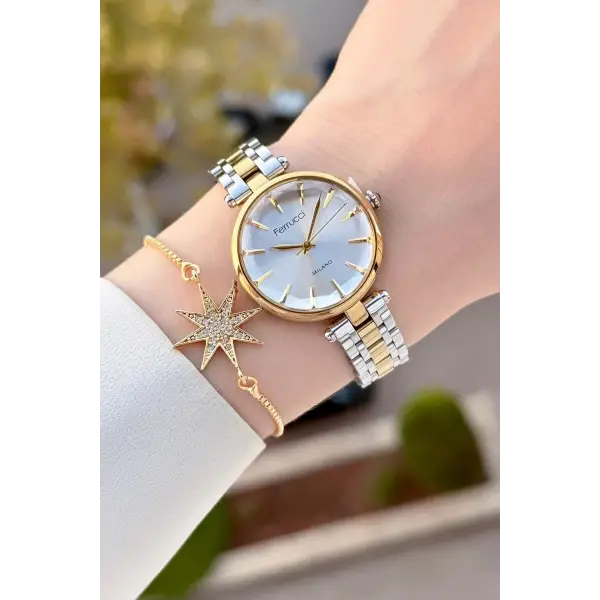 Gold Gümüş Renk 35 Mm Kadın Kol Saati ve Bileklik