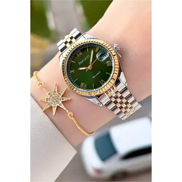 Kadranı Yeşil Kordonu Gold Gümüş Renk Takvimli 35 Mm Kadın Kol Saati ve Bileklik
