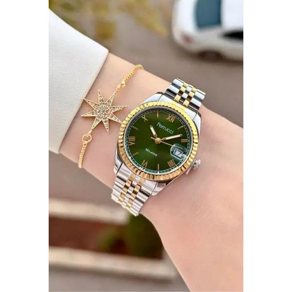 Kadranı Yeşil Kordonu Gold Gümüş Renk Takvimli 35 Mm Kadın Kol Saati ve Bileklik