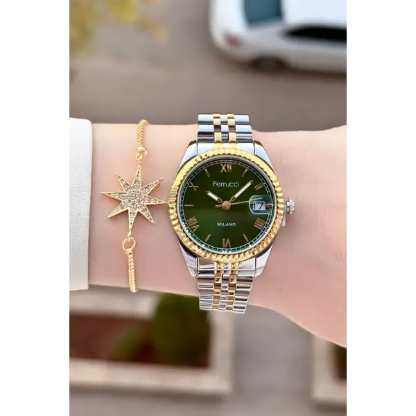 Kadranı Yeşil Kordonu Gold Gümüş Renk Takvimli 35 Mm Kadın Kol Saati ve Bileklik