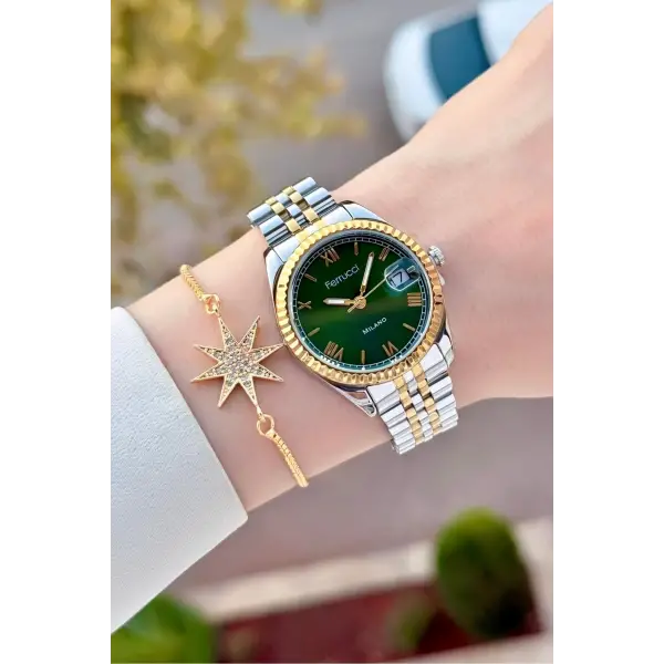 Kadranı Yeşil Kordonu Gold Gümüş Renk Takvimli 35 Mm Kadın Kol Saati ve Bileklik