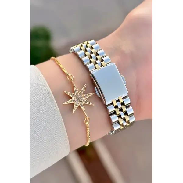 Kadranı Yeşil Kordonu Gold Gümüş Renk Takvimli 35 Mm Kadın Kol Saati ve Bileklik