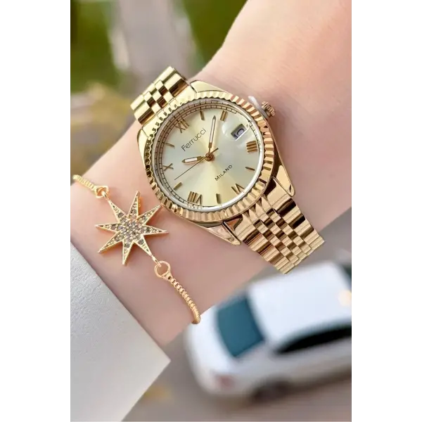 Gold Renk Takvimli 35 Mm Kadın Kol Saati ve Bileklik