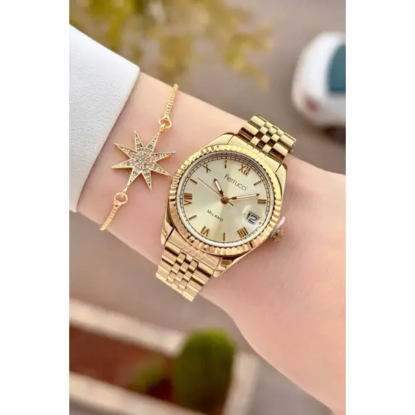 Gold Renk Takvimli 35 Mm Kadın Kol Saati ve Bileklik