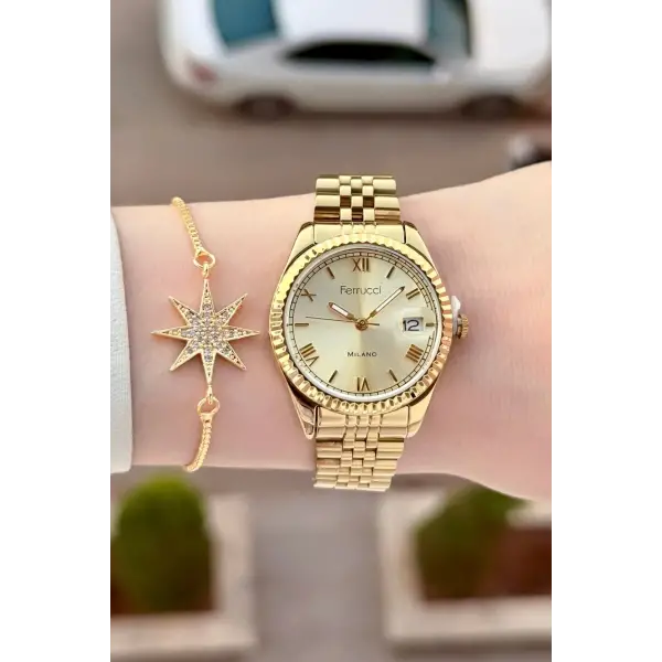 Gold Renk Takvimli 35 Mm Kadın Kol Saati ve Bileklik